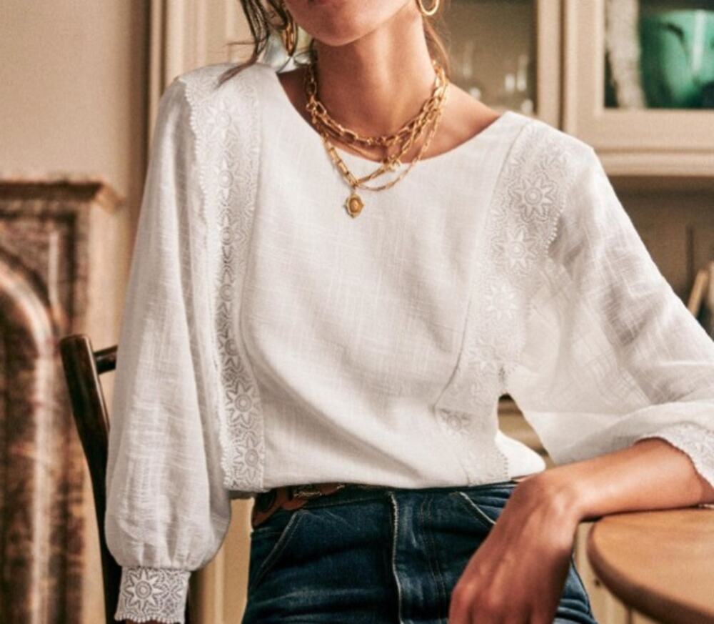 Sezane Cleo Ecru Cotton Lace Trim Blouse (34 / 2)